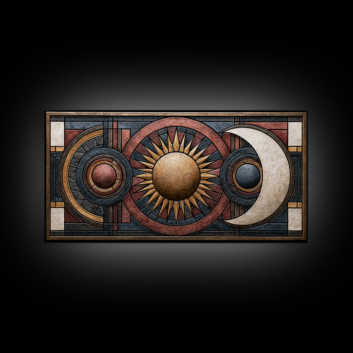 Geometric Sun and Moon Balance Design Framed Canvas Print, Sacred Geometry Art, Wall Hanging, Living Room Decor, Geometry, SGA-2x1-72