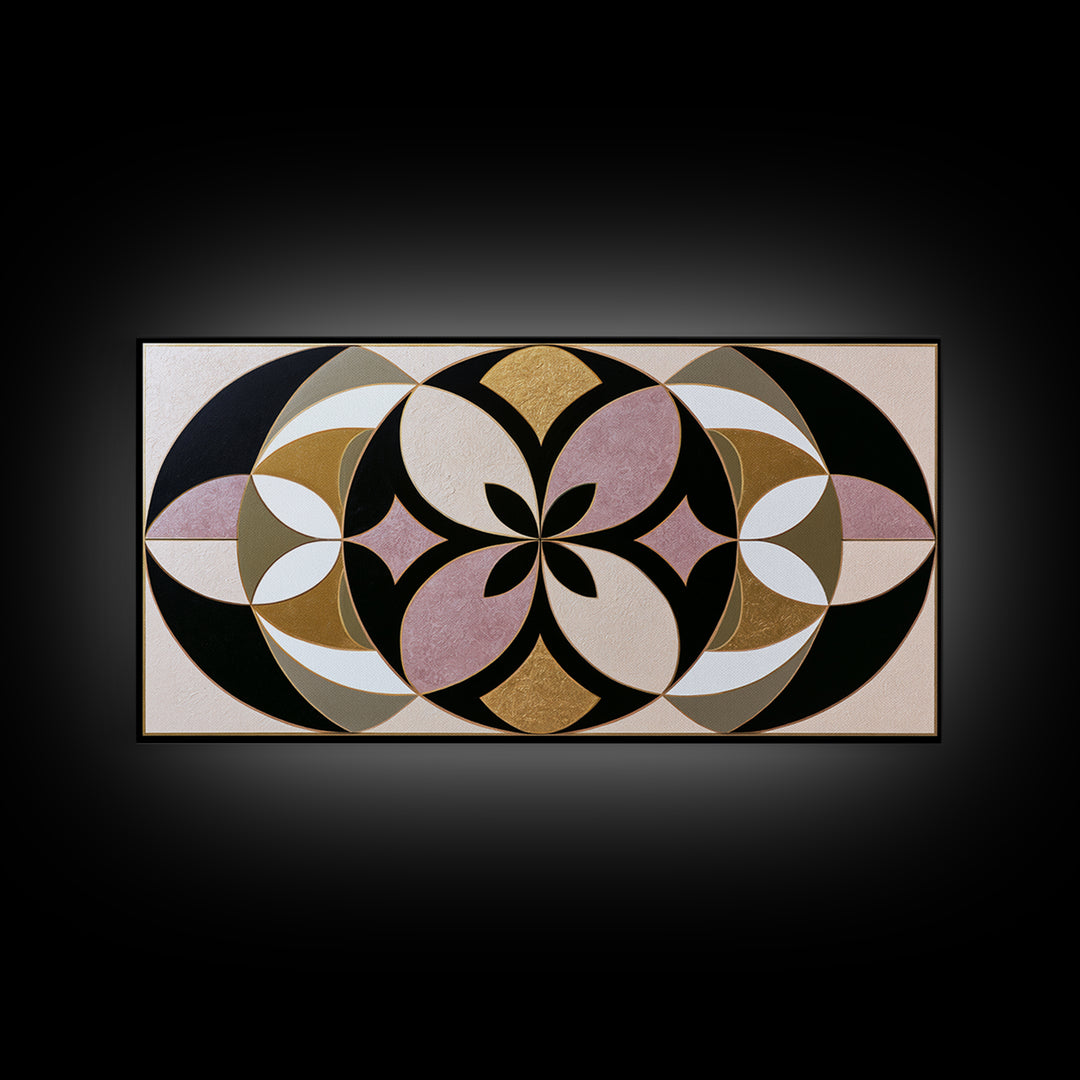 Black and Gold Geometric Rosette Framed Canvas Print, Sacred Geometry Art, Midcentury Modern, Living Room Decor, Geometry, SGA-2x1-80
