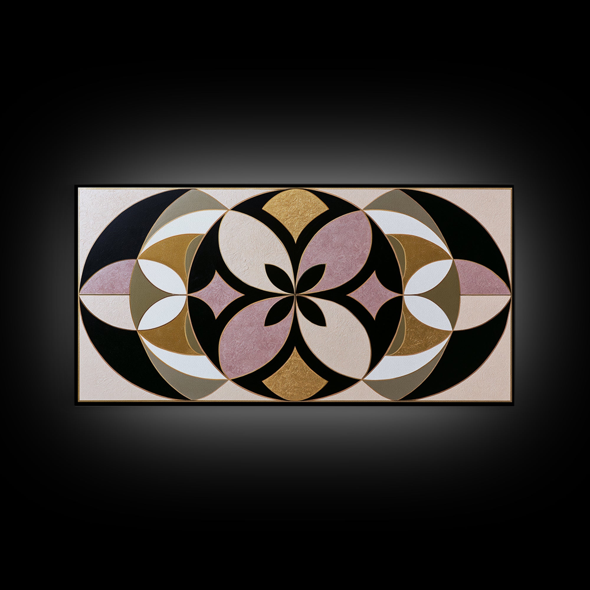 Black and Gold Geometric Rosette Framed Canvas Print, Sacred Geometry Art, Midcentury Modern, Living Room Decor, Geometry, SGA-2x1-80