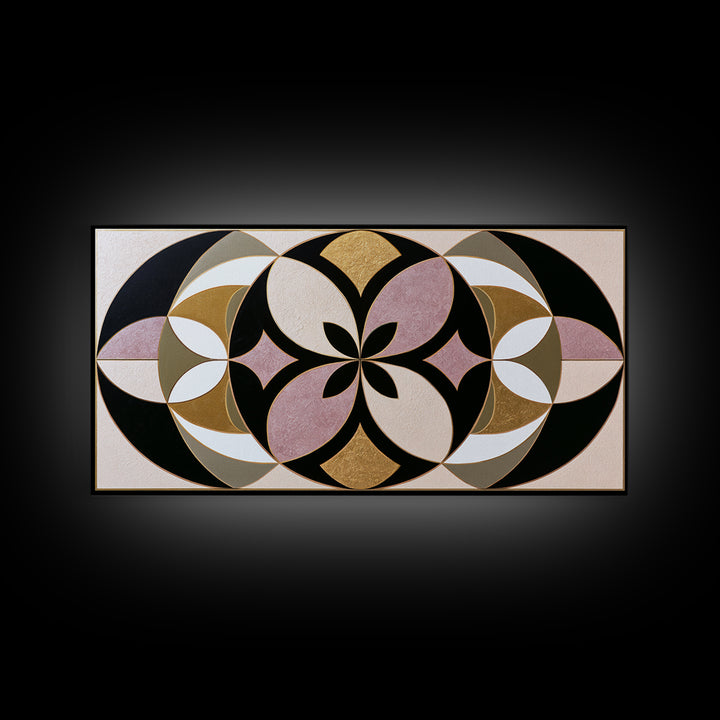 Black and Gold Geometric Rosette Framed Canvas Print, Sacred Geometry Art, Midcentury Modern, Living Room Decor, Geometry, SGA-2x1-80