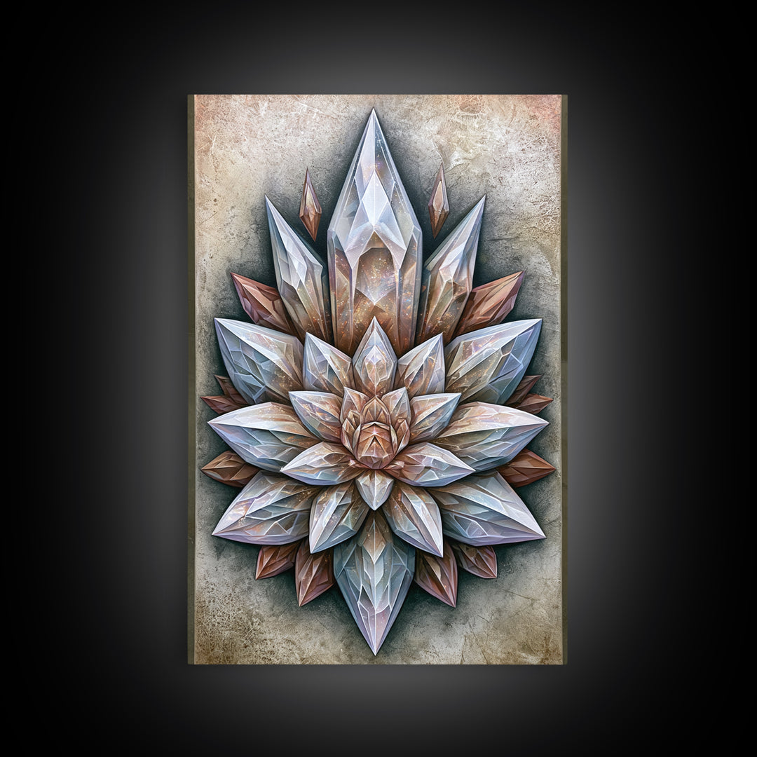 Crystal Lotus Arrangement Framed Canvas Print, Sacred Geometry Art, Boho Wall Decor, Living Room Decor, Fine Art, Geometry, SGA-2x3-28