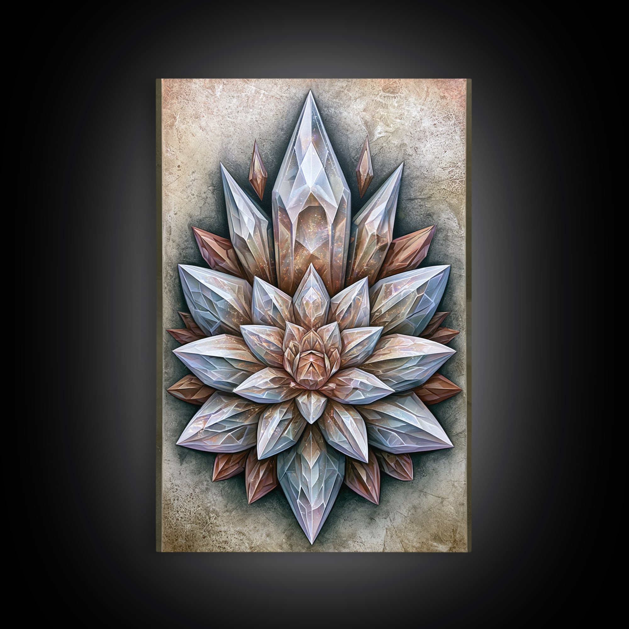 Crystal Lotus Arrangement Framed Canvas Print, Sacred Geometry Art, Boho Wall Decor, Living Room Decor, Fine Art, Geometry, SGA-2x3-28
