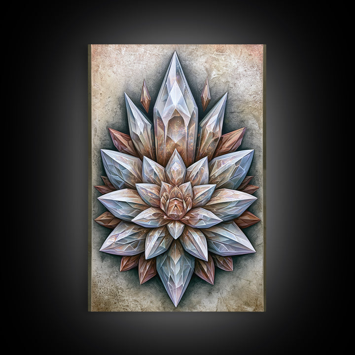 Crystal Lotus Arrangement Framed Canvas Print, Sacred Geometry Art, Boho Wall Decor, Living Room Decor, Fine Art, Geometry, SGA-2x3-28
