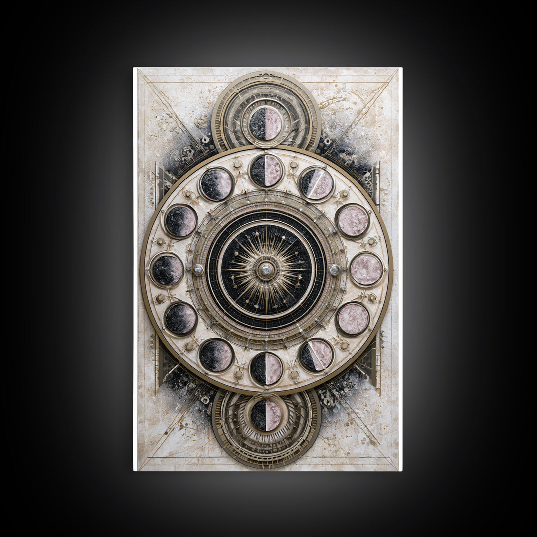 Moon Phase Mandala Framed Canvas Print, Sacred Geometry Art, Textured Painting, Living Room Decor, Fine Art, Geometry, SGA-2x3-46