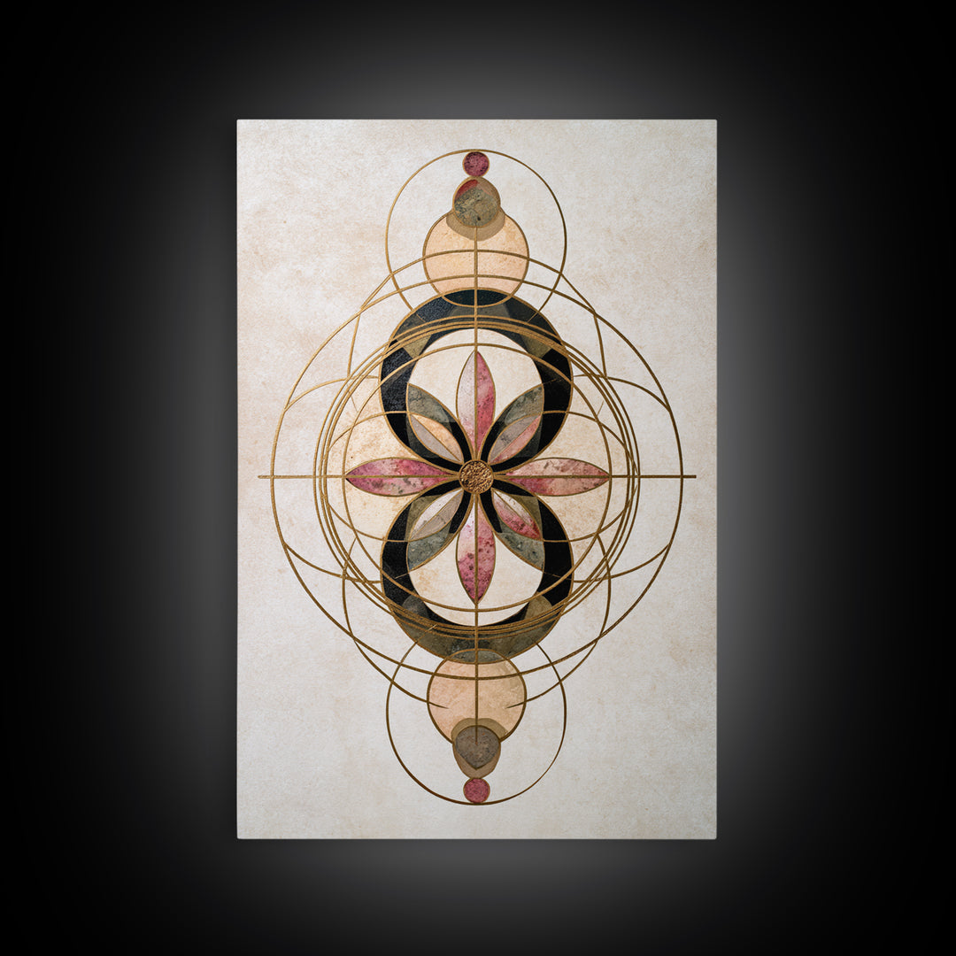 Gold Line Compass Mandala on Parchment Canvas Print, Sacred Geometry Art, Wall Art Print, Living Room Decor, Abstract Art, SGA-2x3-77