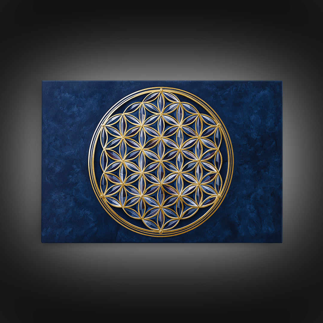 Flower of Life Pattern Framed Canvas Print, Sacred Geometry Art, Floral Prints, Living Room Decor, Oil Painting, Geometry, SGA-3x2-5
