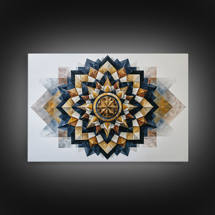 Black and Gold Geometric Rosette Framed Canvas Print, Sacred Geometry Art, Home Decor, Living Room Decor, Fine Art, Geometry, SGA-3x2-64