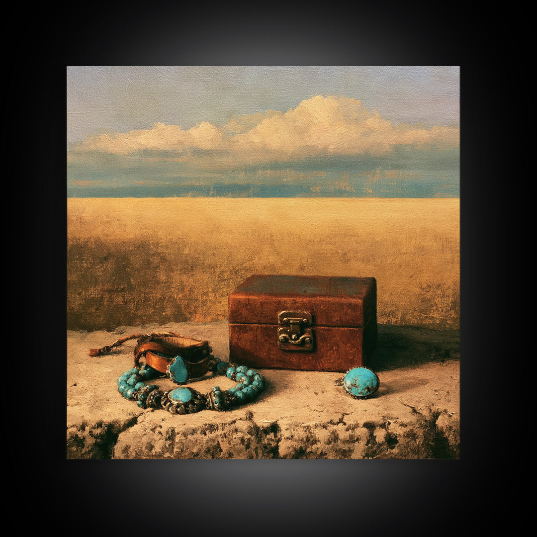 Turquoise Jewelry and Leather Still Life Framed Canvas Print, Southwestern Art, Boho Wall Art, Southwestern Decor, Mesa, SOU-1x1-11