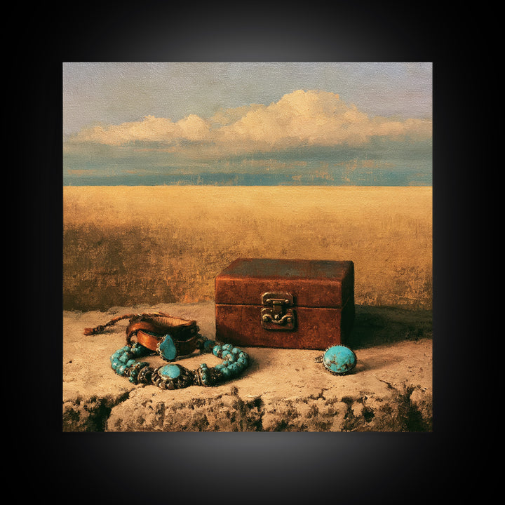 Turquoise Jewelry and Leather Still Life Framed Canvas Print, Southwestern Art, Boho Wall Art, Southwestern Decor, Mesa, SOU-1x1-11