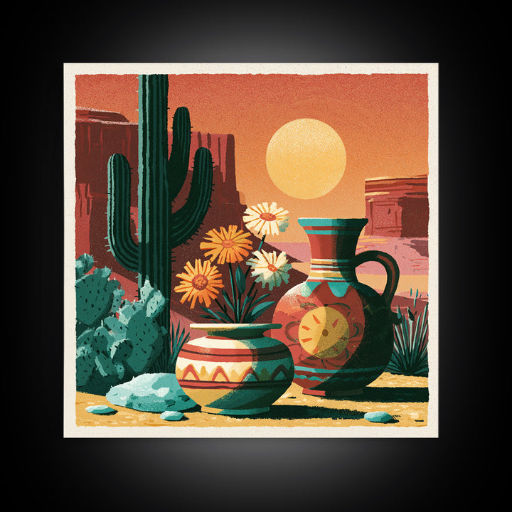 Painted Pottery and Desert Wildflowers Framed Canvas Print, Southwestern Art, Boho Decor, Southwestern Decor, Fine Art, Mesa, SOU-1x1-16