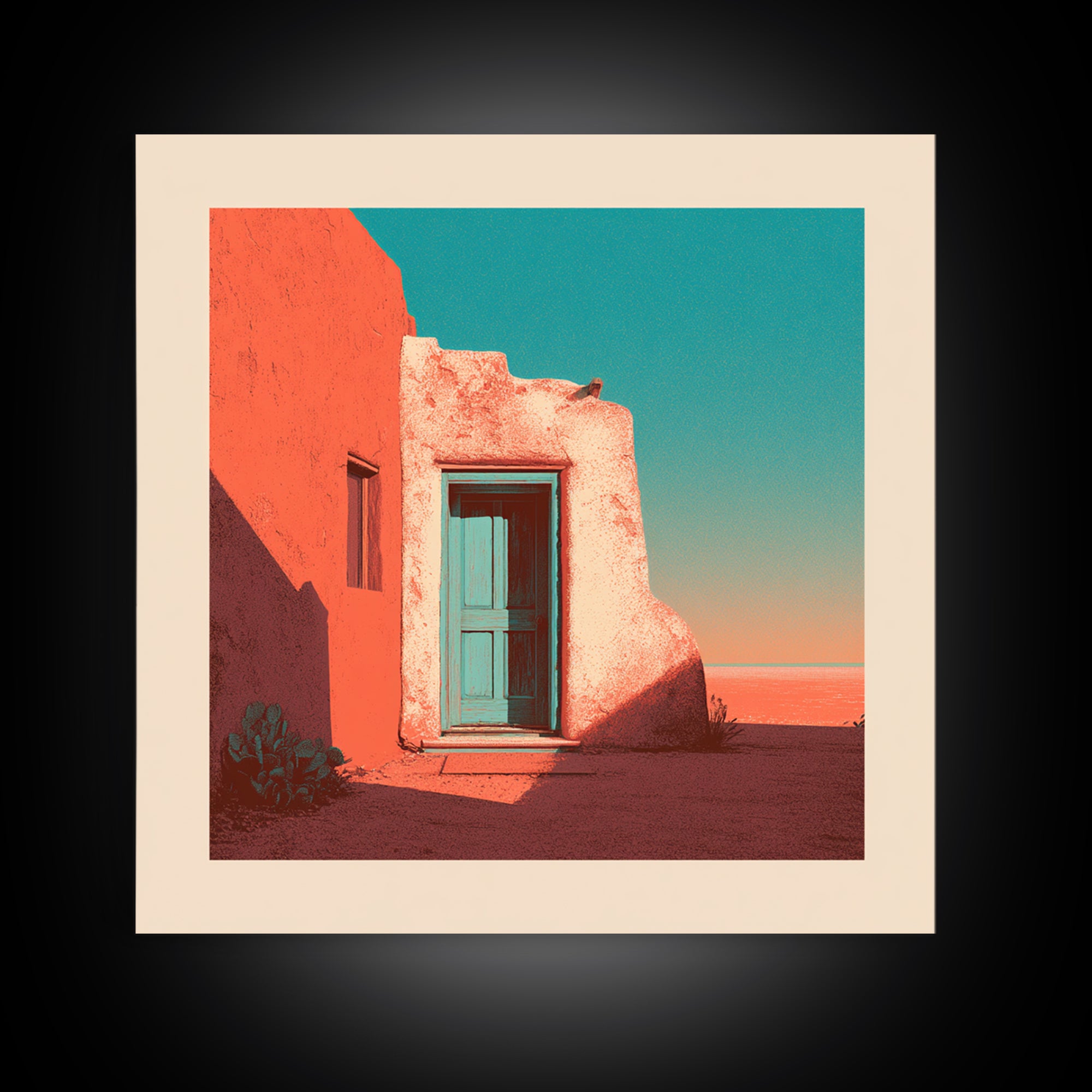 Adobe Doorway with Turquoise Blue Shadow Framed Canvas Print, Southwestern Art, Textured Painting, Southwestern Decor, Mesa, SOU-1x1-29