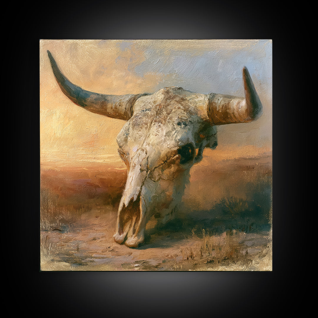 Sun Bleached Longhorn Skull Still Life Framed Canvas Print, Southwestern Art, Southwestern Decor, Abstract Art, Mesa, SOU-1x1-33