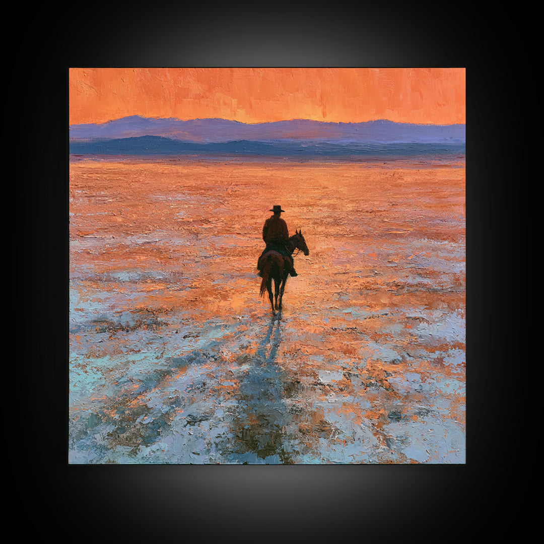 Horse Rider Crossing Desert at Dusk Framed Canvas Print, Southwestern Art, Farmhouse Wall Art, Southwestern Decor, Mesa, SOU-1x1-43