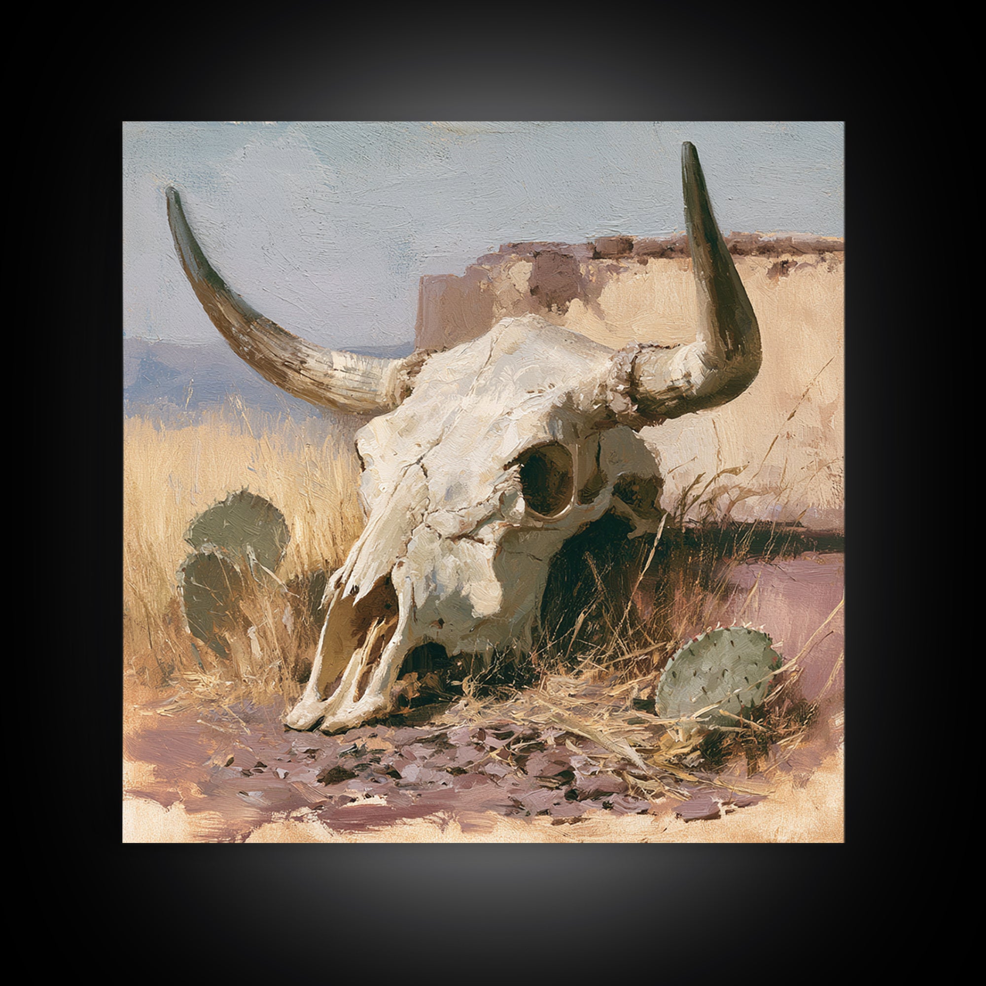 Sun Bleached Longhorn Skull Still Life Framed Canvas Print, Southwestern Art, Southwestern Decor, Abstract Art, Mesa, SOU-1x1-57