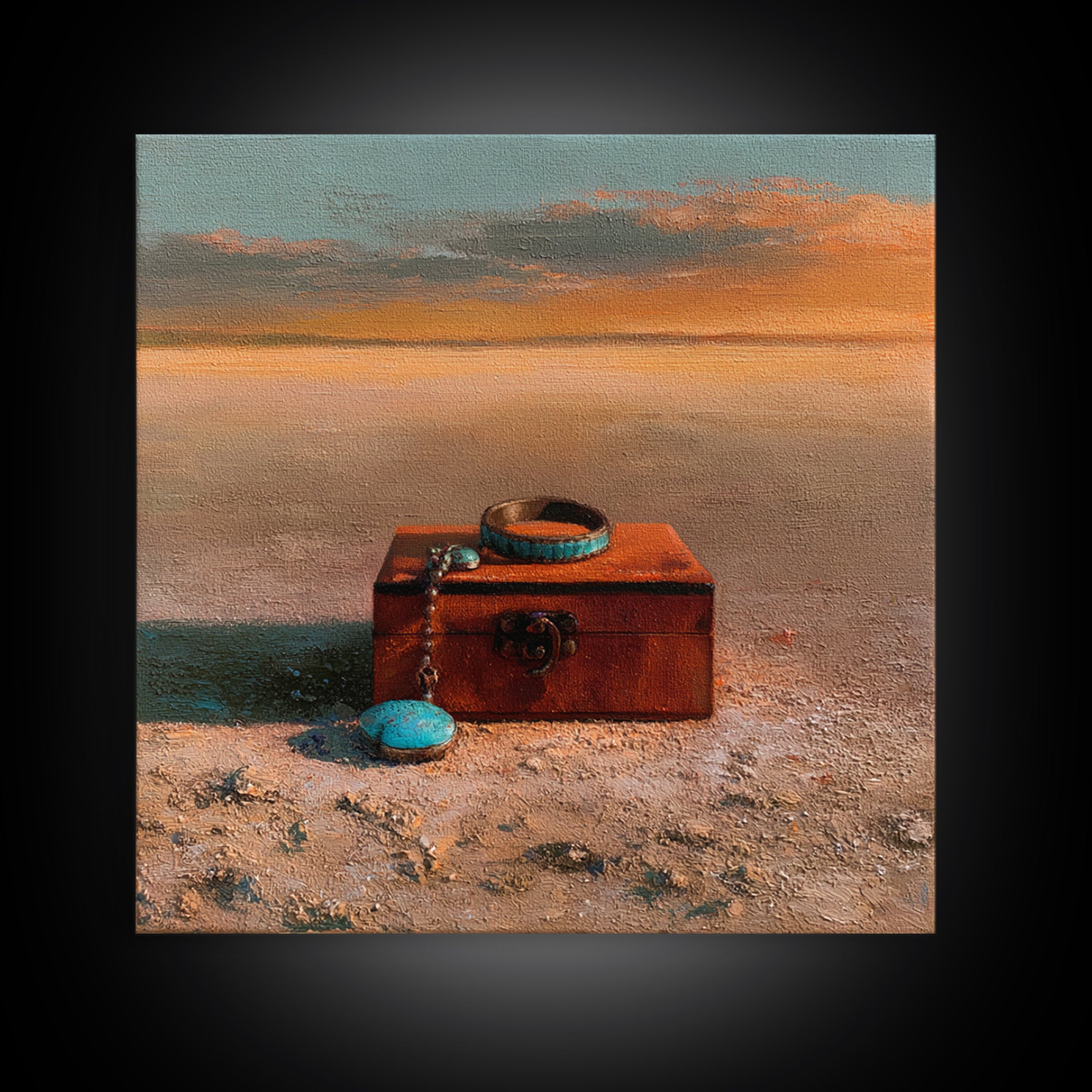 Turquoise Jewelry and Leather Still Life Canvas Print, Southwestern Art, Gallery Decor, Southwestern Decor, Fine Art, Mesa, SOU-1x1-59
