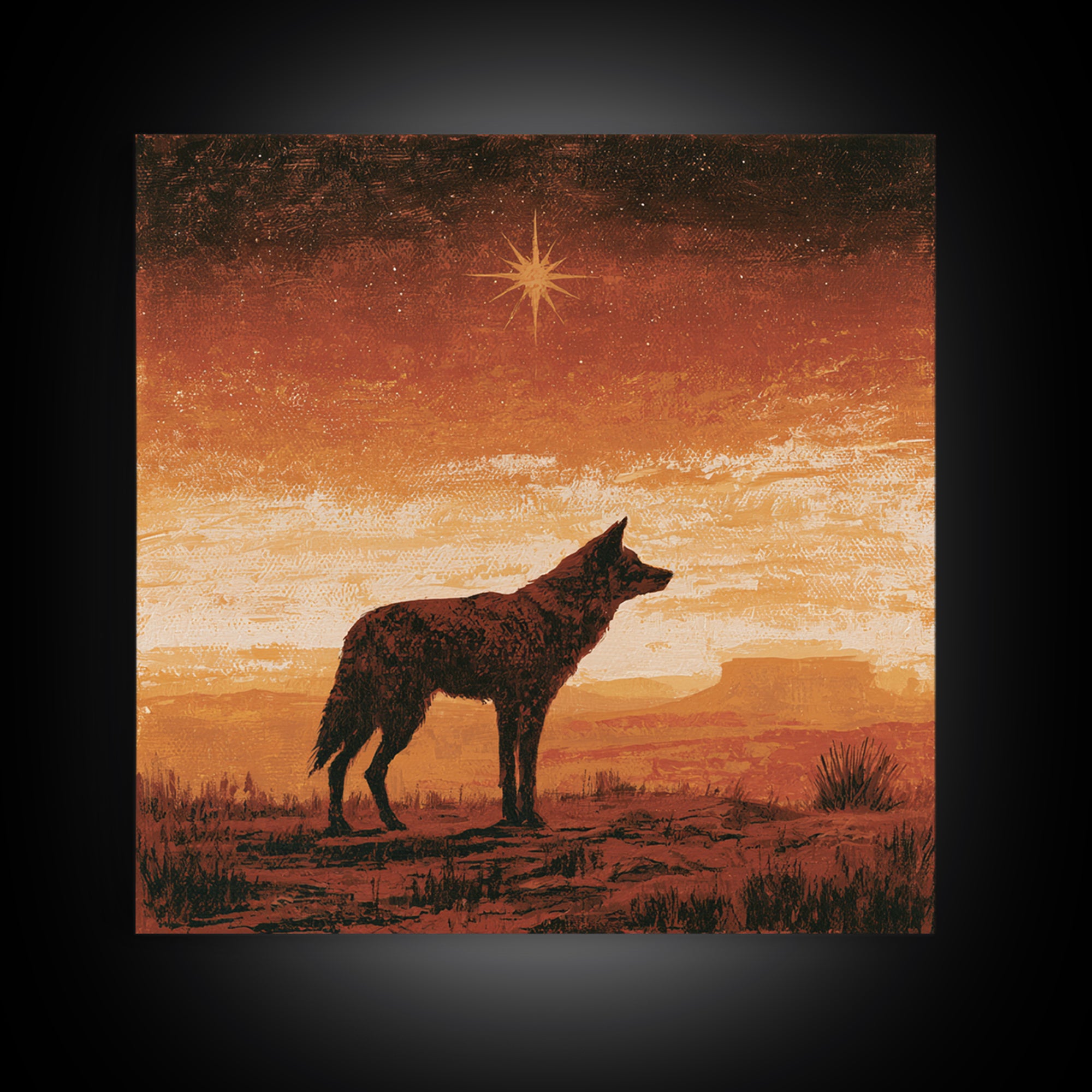 Coyote Silhouette Beneath Starry Sky Framed Canvas Print, Southwestern Art, Neutral Decor, Southwestern Decor, Fine Art, Mesa, SOU-1x1-63
