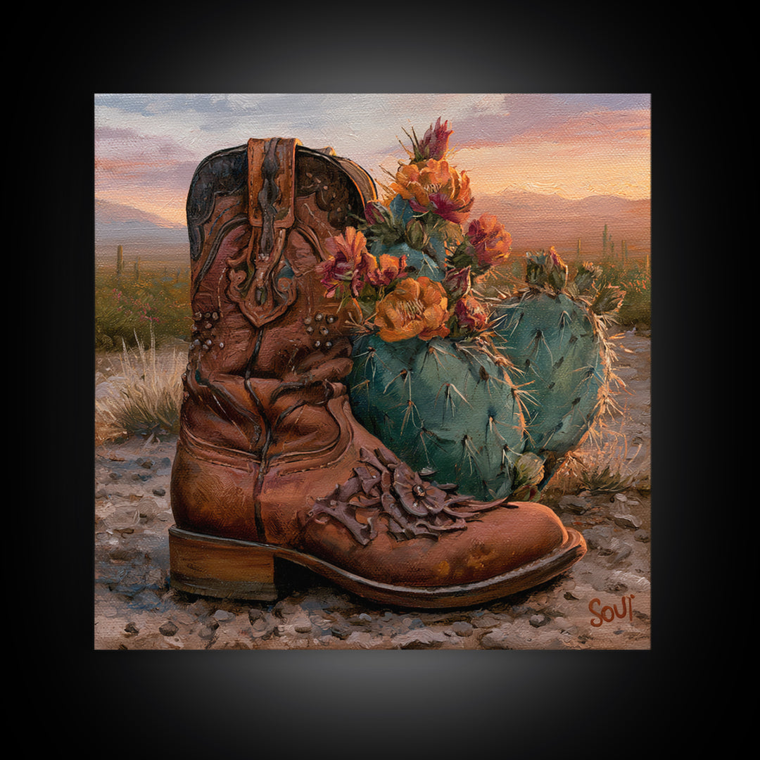 Western Boot with Cactus Blossoms Framed Canvas Print, Southwestern Art, Luxury Decor, Southwestern Decor, Fine Art, Mesa, SOU-1x1-65