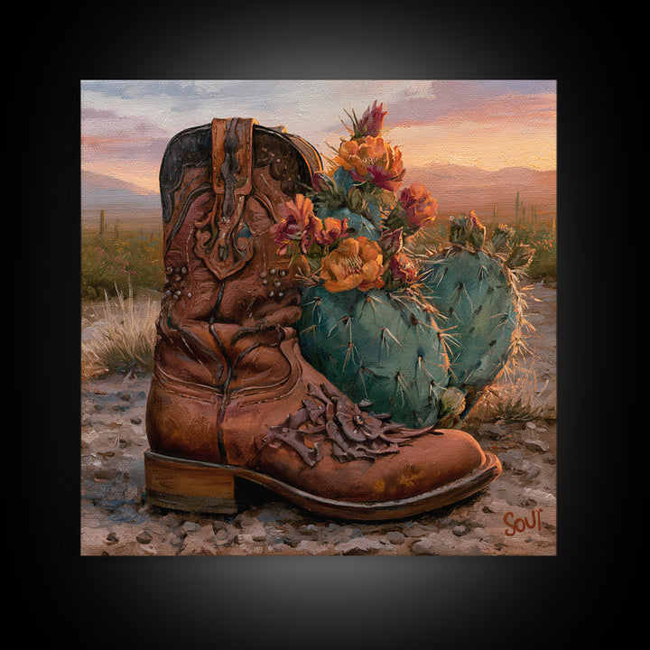 Western Boot with Cactus Blossoms Framed Canvas Print, Southwestern Art, Luxury Decor, Southwestern Decor, Fine Art, Mesa, SOU-1x1-65