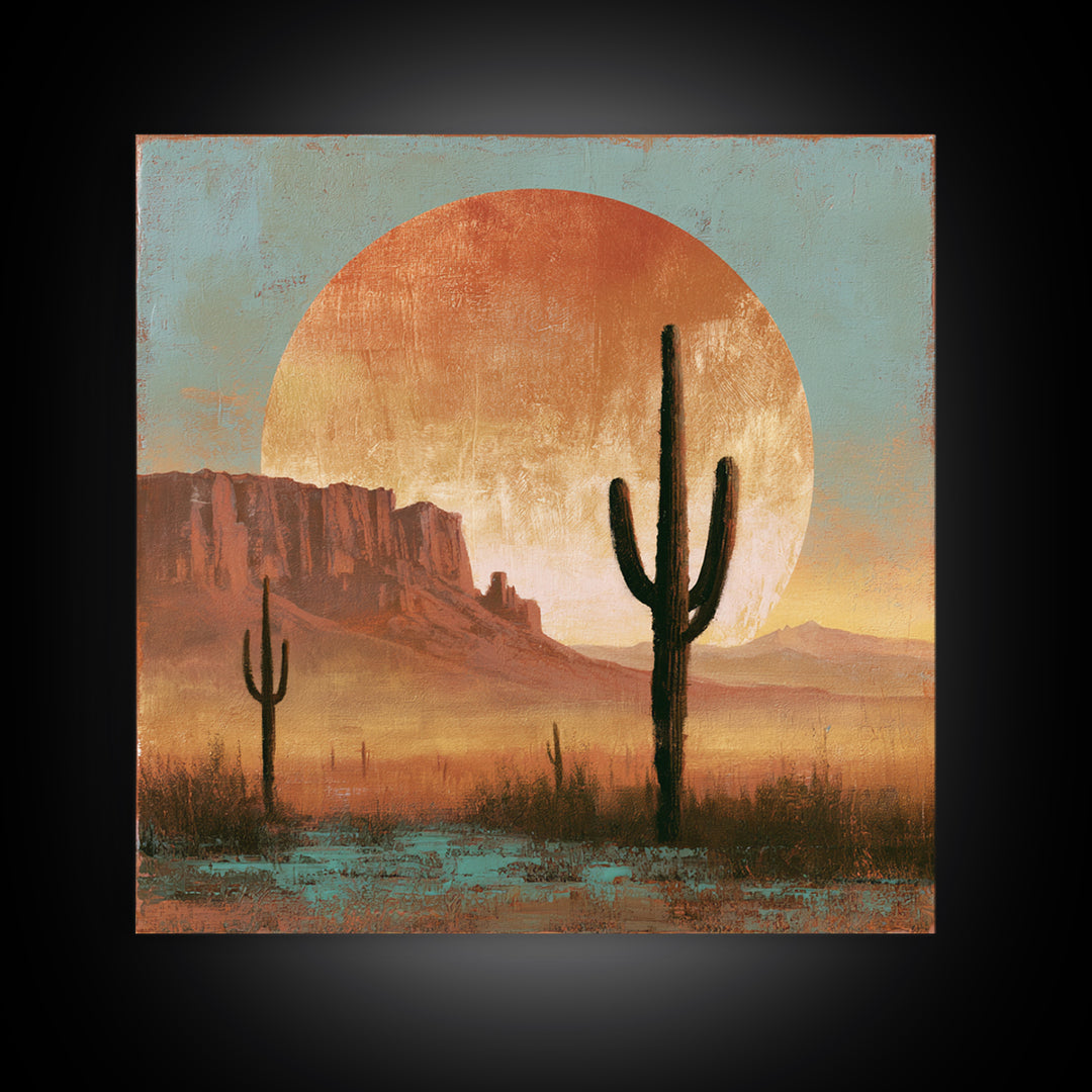 Saguaro Cactus under Enormous Sunset Framed Canvas Print, Southwestern Art, Fine Art Print, Southwestern Decor, Fine Art, Mesa, SOU-1x1-74