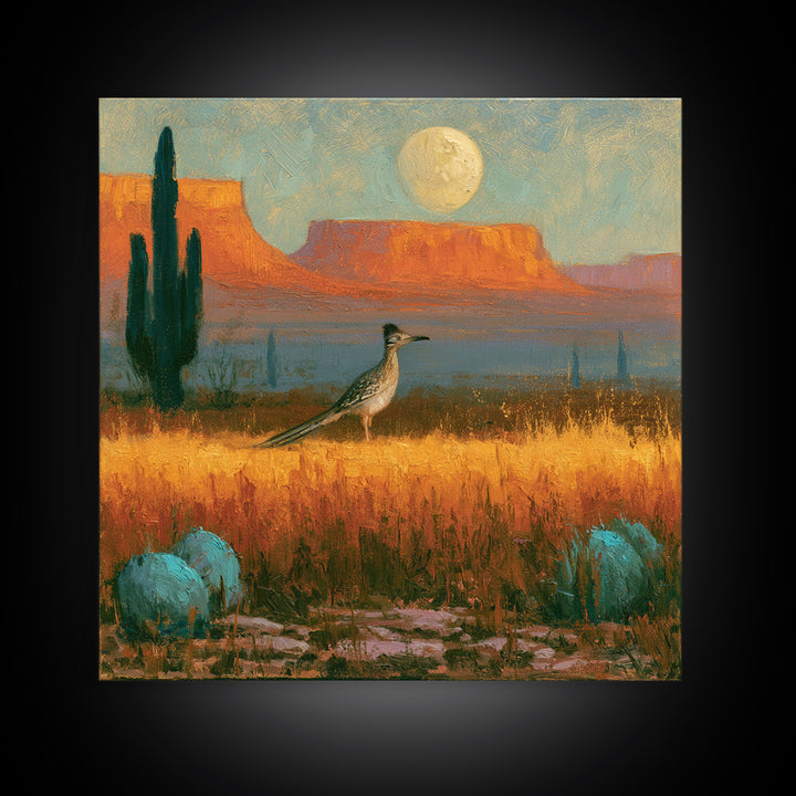Roadrunner under a Pale Desert Moon Framed Canvas Print, Southwestern Art, Digital Wall Art, Southwestern Decor, Oil Painting, SOU-1x1-8