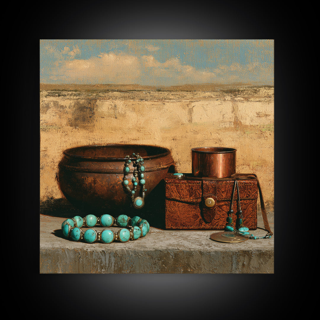 Turquoise Jewelry and Leather Still Life Framed Canvas Print, Southwestern Art, Luxury Decor, Southwestern Decor, Mesa, SOU-1x1-83