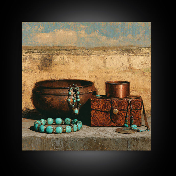 Turquoise Jewelry and Leather Still Life Framed Canvas Print, Southwestern Art, Luxury Decor, Southwestern Decor, Mesa, SOU-1x1-83