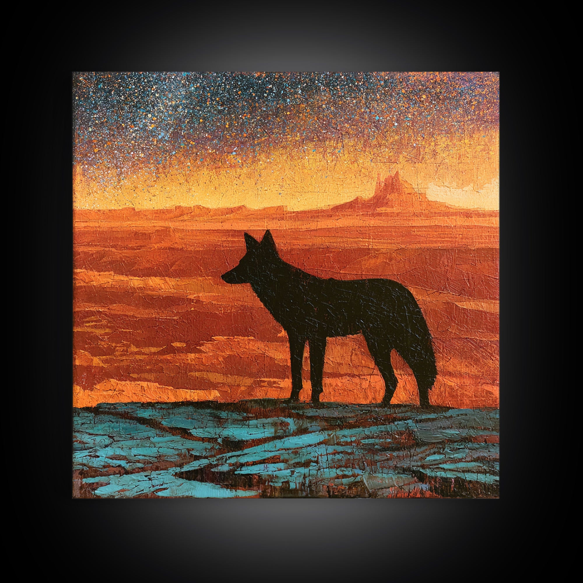Coyote Silhouette Beneath Starry Sky Canvas Print, Southwestern Art, Art Print, Southwestern Decor, Watercolor Art, Mesa, SOU-1x1-87