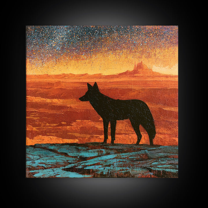 Coyote Silhouette Beneath Starry Sky Canvas Print, Southwestern Art, Art Print, Southwestern Decor, Watercolor Art, Mesa, SOU-1x1-87