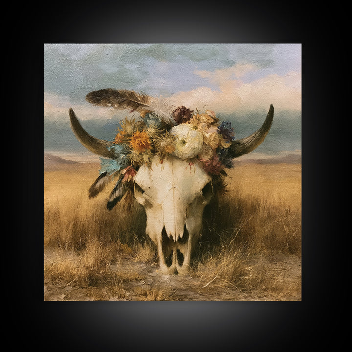 Cow Skull with Desert Flowers and Feathers Canvas Print, Southwestern Art, Wall Decor, Southwestern Decor, Oil Painting, Mesa, SOU-1x1-99