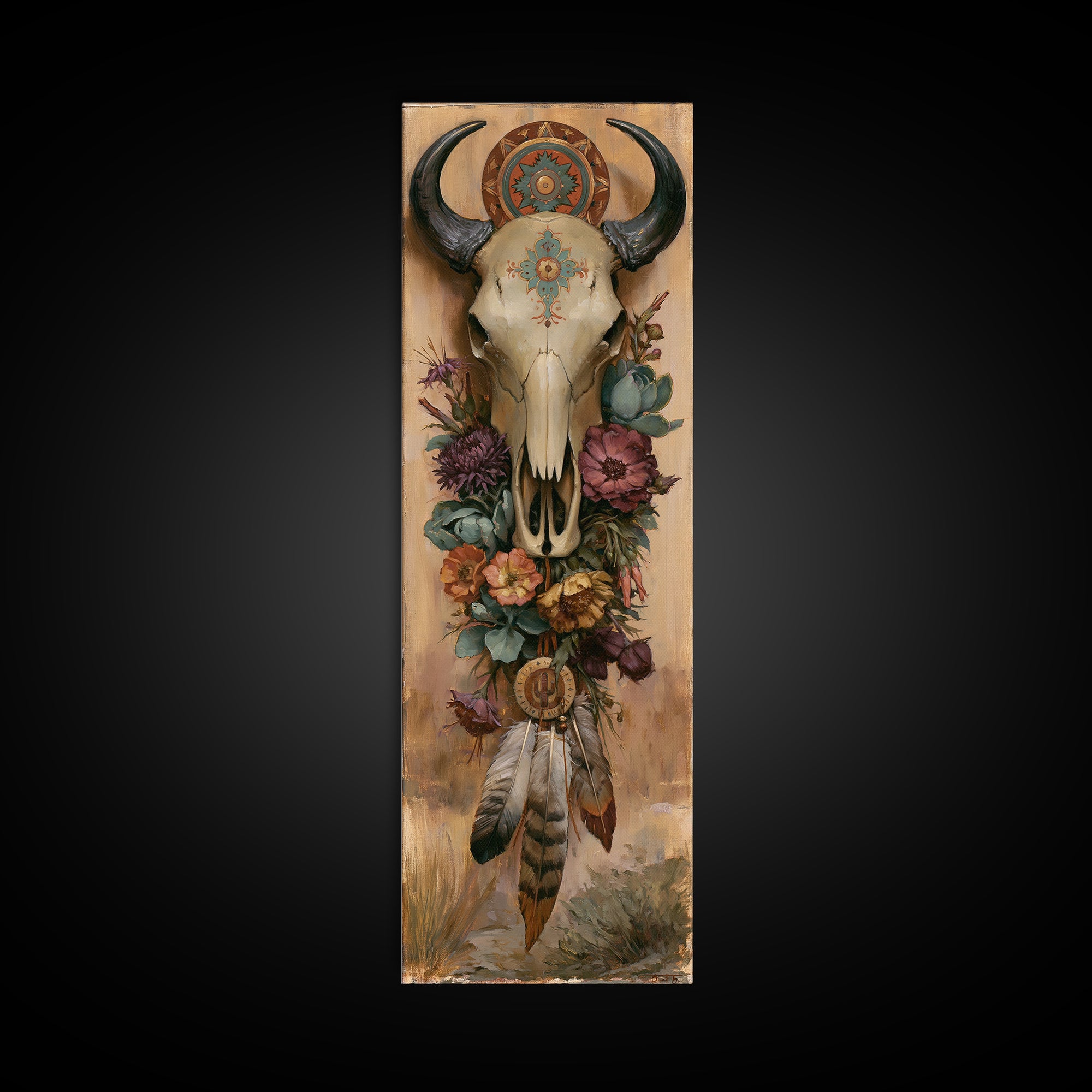 Cow Skull with Desert Flowers and Feathers Framed Canvas Print, Southwestern Art, Printable Art, Southwestern Decor, Mesa, SOU-1x3-15