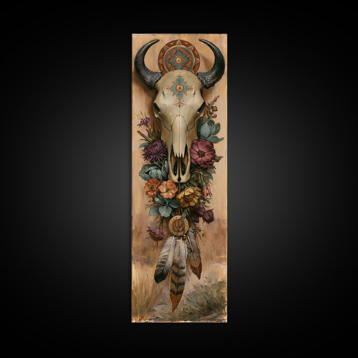 Cow Skull with Desert Flowers and Feathers Framed Canvas Print, Southwestern Art, Printable Art, Southwestern Decor, Mesa, SOU-1x3-15