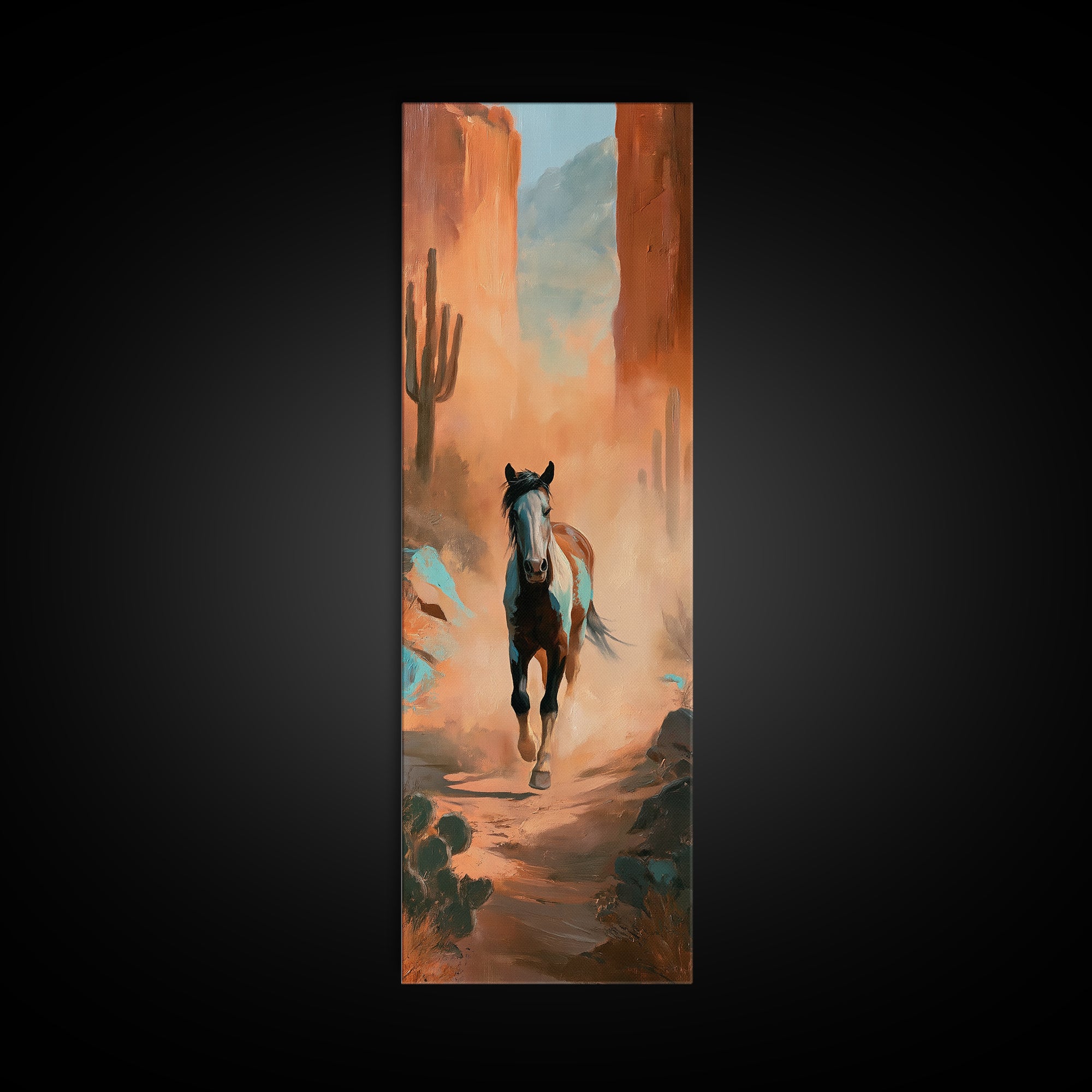 Wild Mustang Running Through Dusty Canyon Canvas Print, Southwestern Art, Neutral Decor, Southwestern Decor, Oil Painting, Mesa, SOU-1x3-18