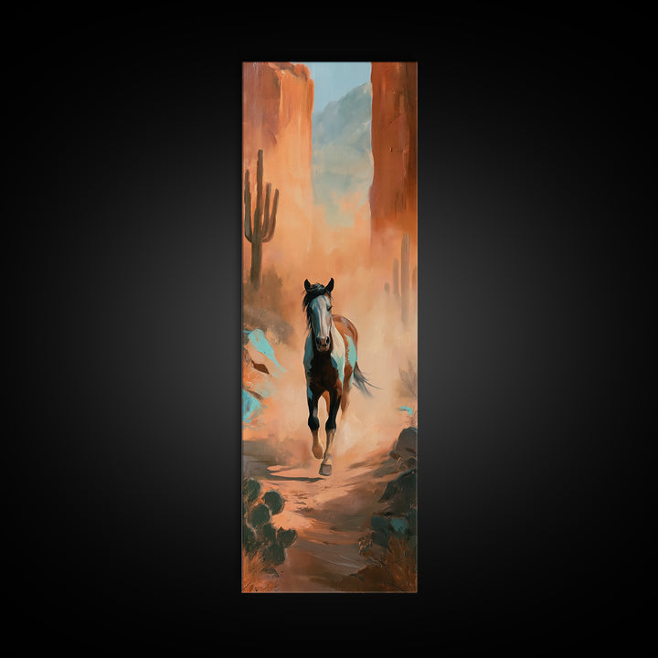 Wild Mustang Running Through Dusty Canyon Canvas Print, Southwestern Art, Neutral Decor, Southwestern Decor, Oil Painting, Mesa, SOU-1x3-18