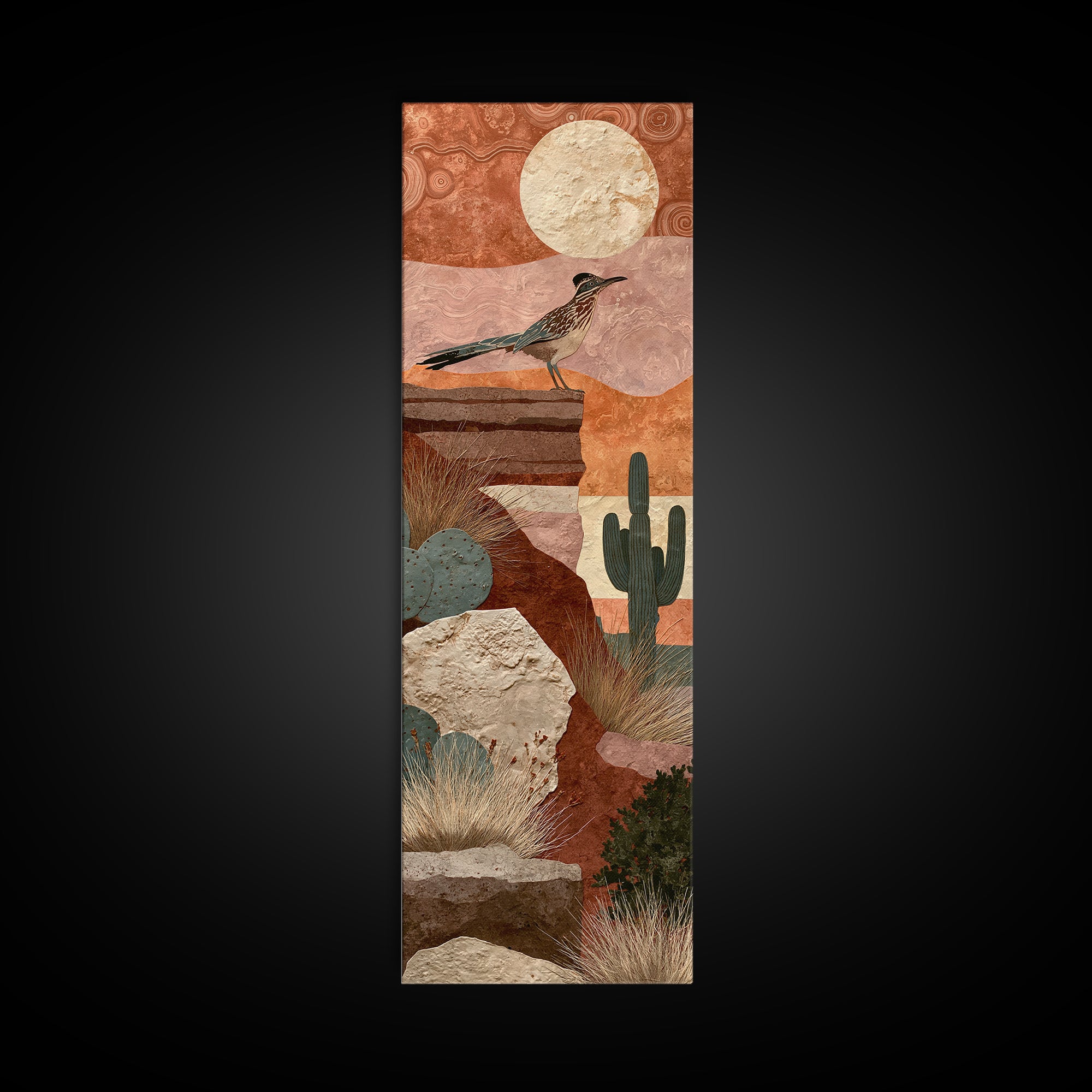 Roadrunner under a Pale Desert Moon Framed Canvas Print, Southwestern Art, Art, Southwestern Decor, Mesa, Boho Wall Decor, SOU-1x3-20
