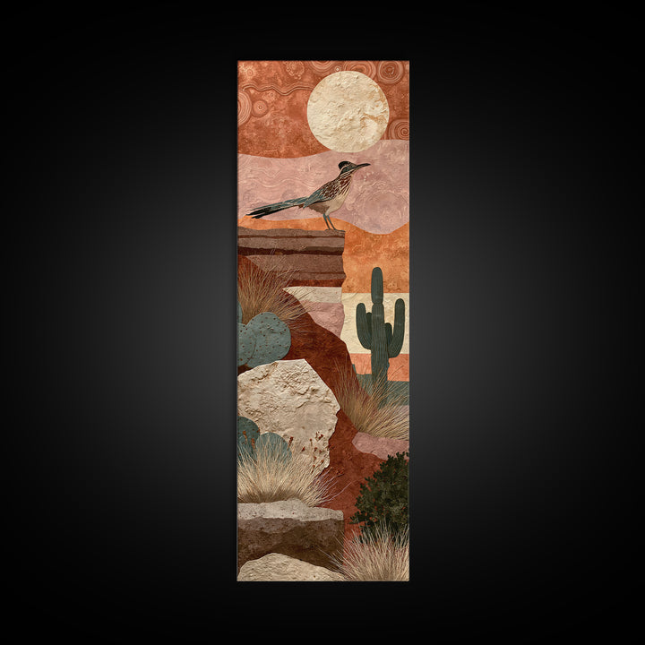 Roadrunner under a Pale Desert Moon Framed Canvas Print, Southwestern Art, Art, Southwestern Decor, Mesa, Boho Wall Decor, SOU-1x3-20