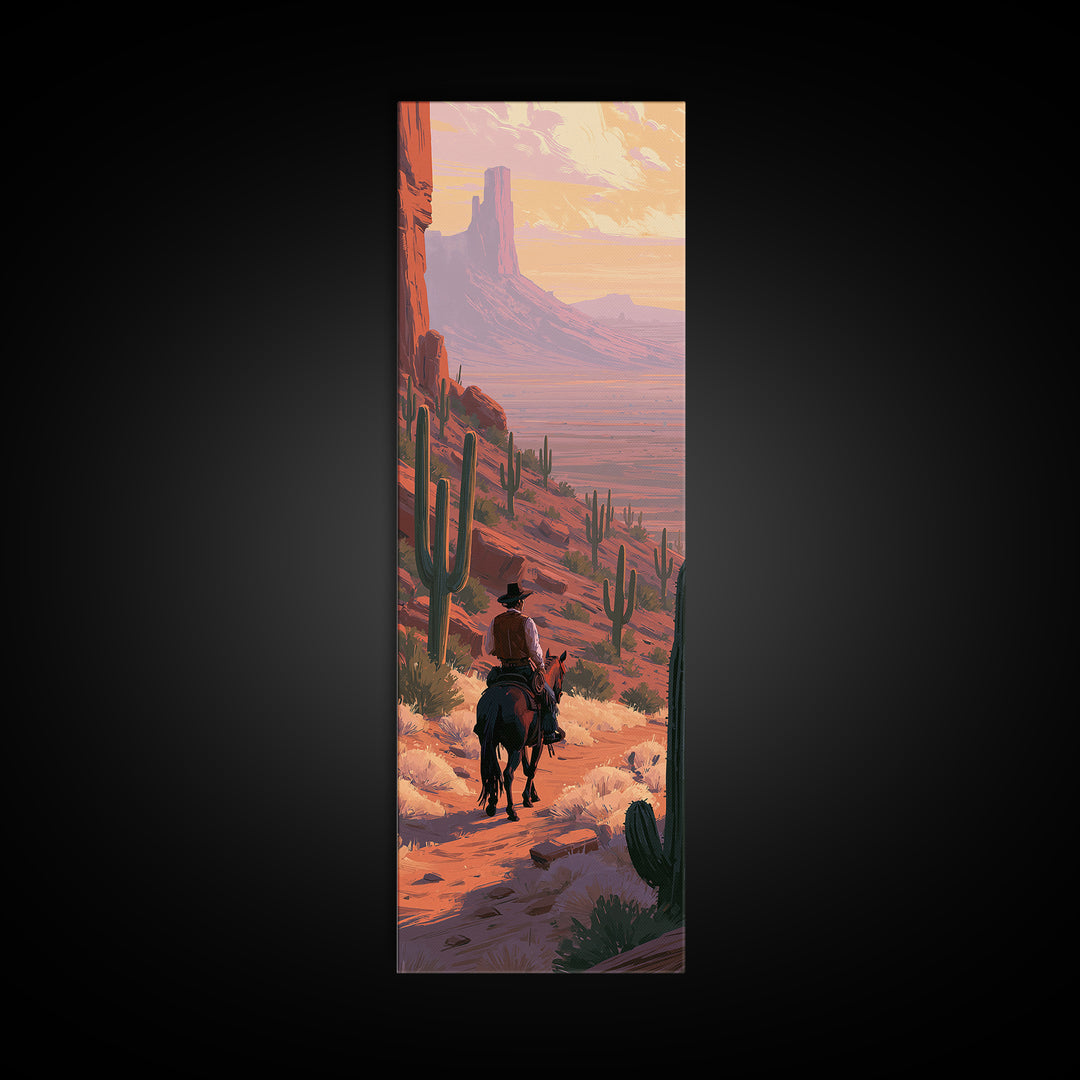 Horse Rider Crossing Desert at Dusk Canvas Print, Southwestern Art, Original Art, Southwestern Decor, Fine Art, Mesa, SOU-1x3-7