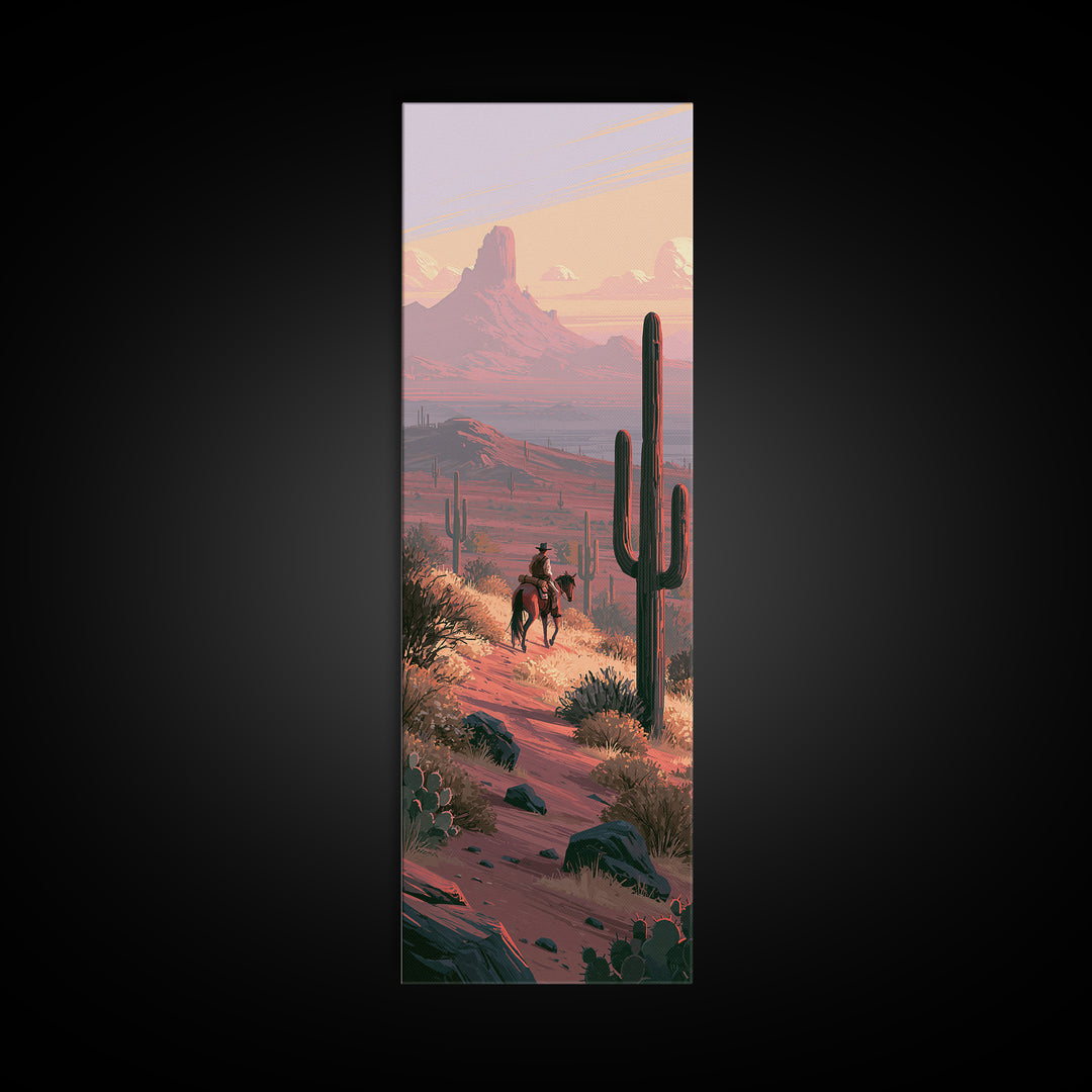 Horse Rider Crossing Desert at Dusk Framed Canvas Print, Southwestern Art, Western Art, Southwestern Decor, Oil Painting, Mesa, SOU-1x3-79