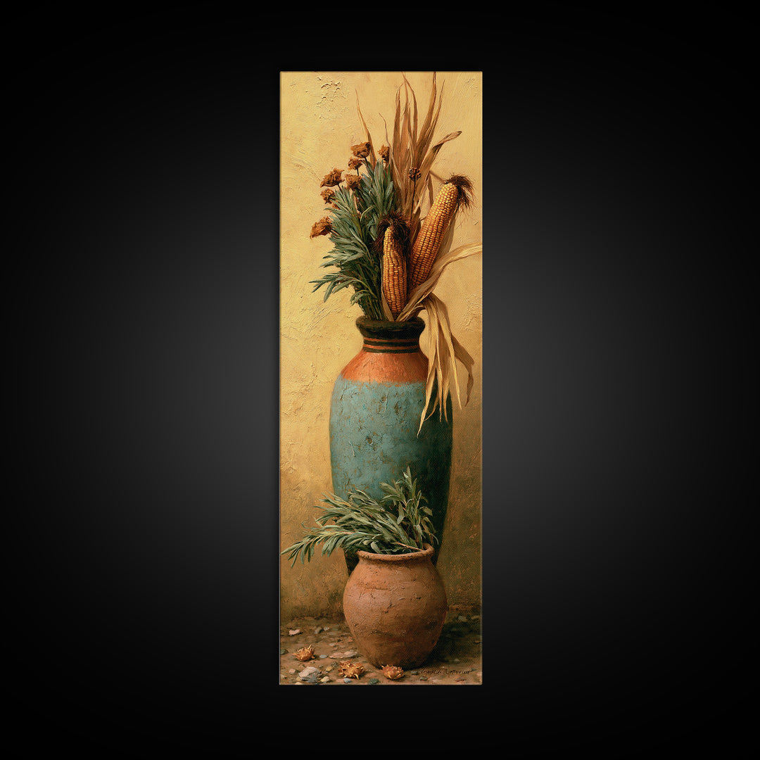 Pueblo Pottery Still Life Framed Canvas Print, Southwestern Art, Antique Oil Painting, Southwestern Decor, Fine Art, Mesa, SOU-1x3-83
