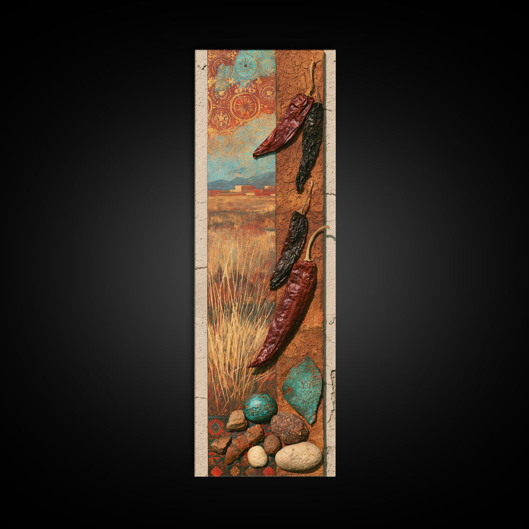 Dried Chili Peppers and Adobe Texture Framed Canvas Print, Southwestern Art, Tapestry Wall Art, Southwestern Decor, Mesa, SOU-1x3-84