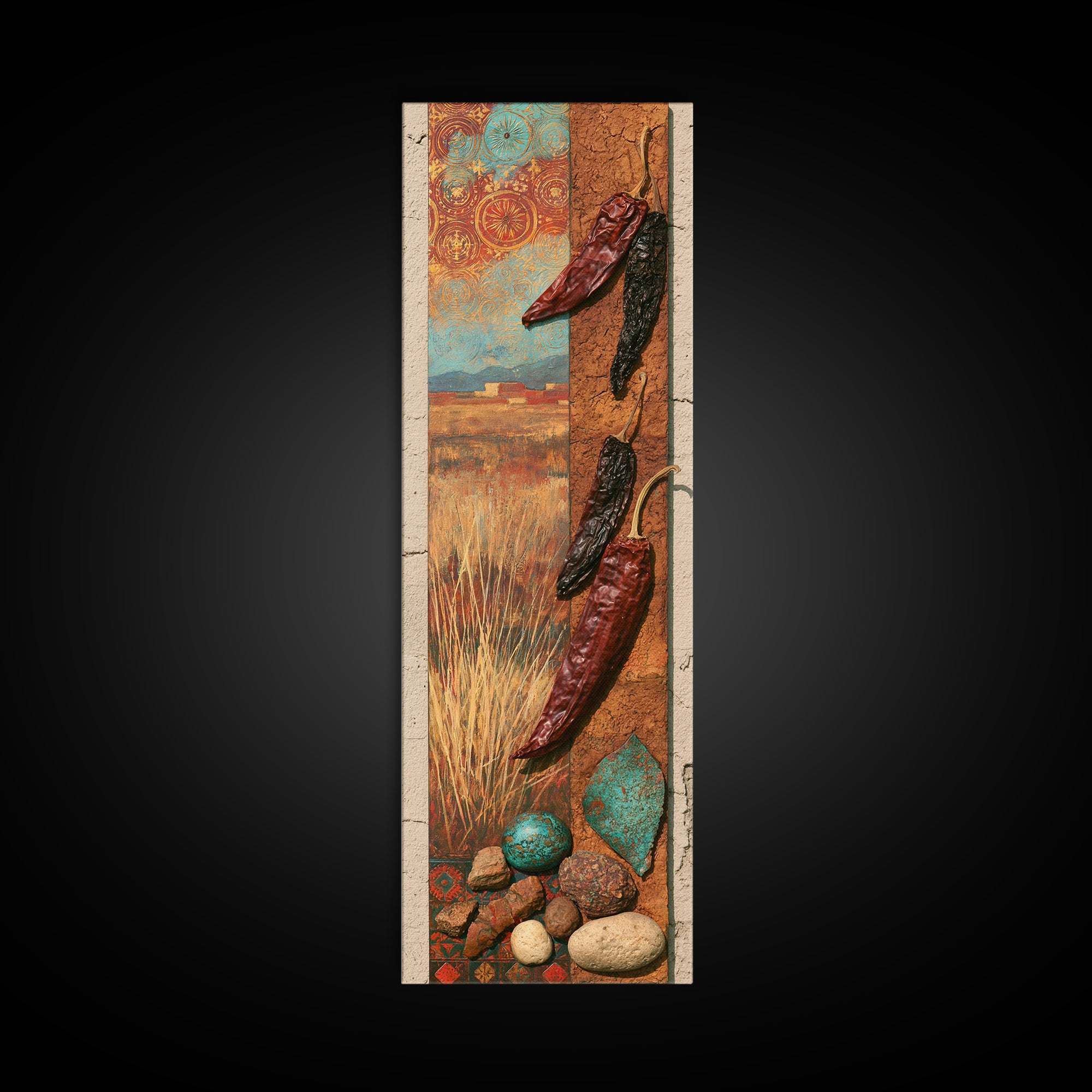 Dried Chili Peppers and Adobe Texture Framed Canvas Print, Southwestern Art, Tapestry Wall Art, Southwestern Decor, Mesa, SOU-1x3-84