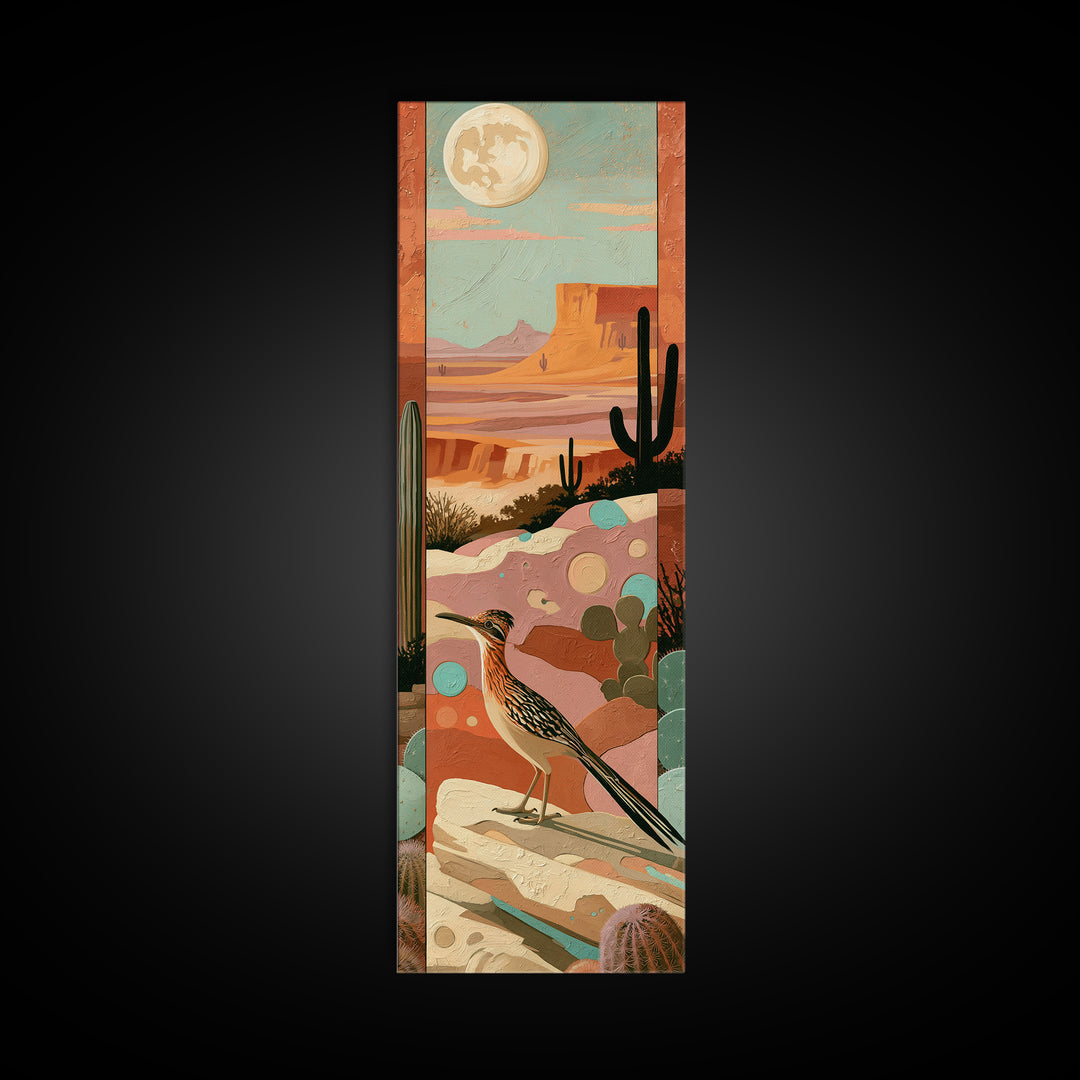 Roadrunner under a Pale Desert Moon Framed Canvas Print, Southwestern Art, Mexican Folk Art, Southwestern Decor, Watercolor Art, SOU-1x3-92