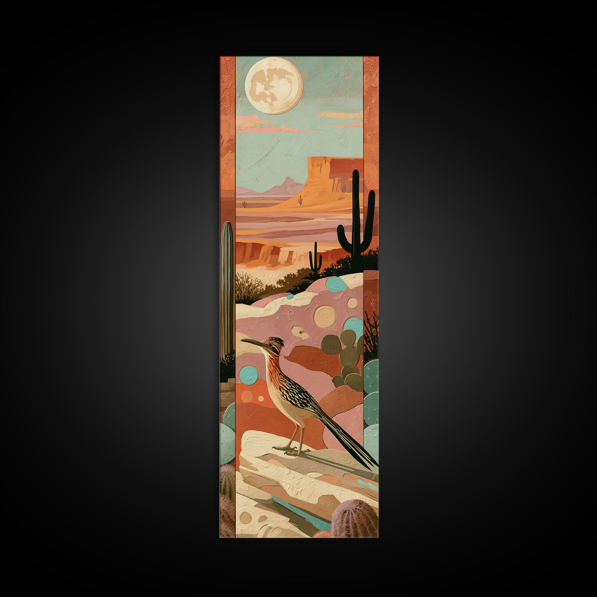 Roadrunner under a Pale Desert Moon Framed Canvas Print, Southwestern Art, Mexican Folk Art, Southwestern Decor, Watercolor Art, SOU-1x3-92