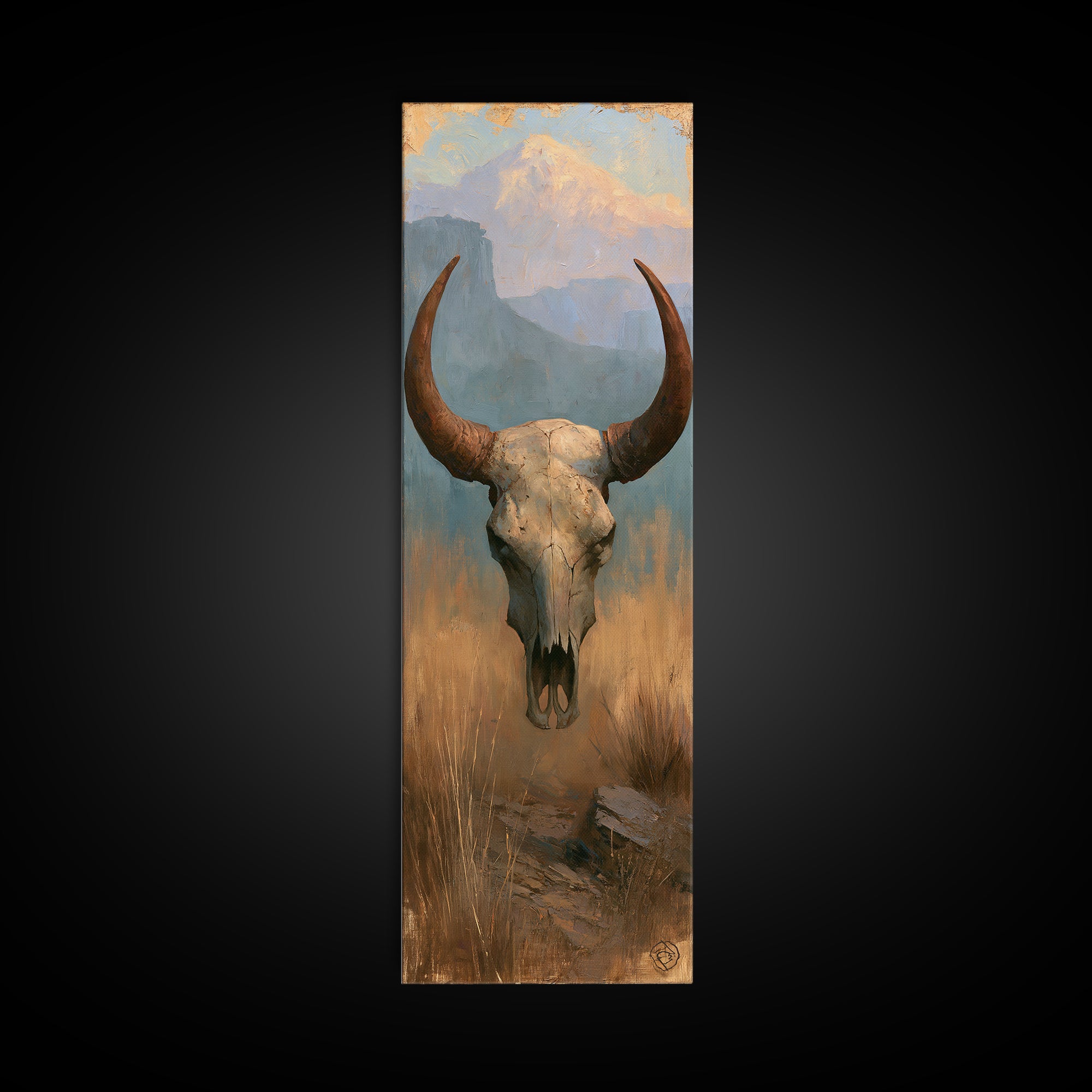 Sun Bleached Longhorn Skull Still Life Canvas Print, Southwestern Art, Original Painting, Southwestern Decor, Fine Art, Mesa, SOU-1x3-93