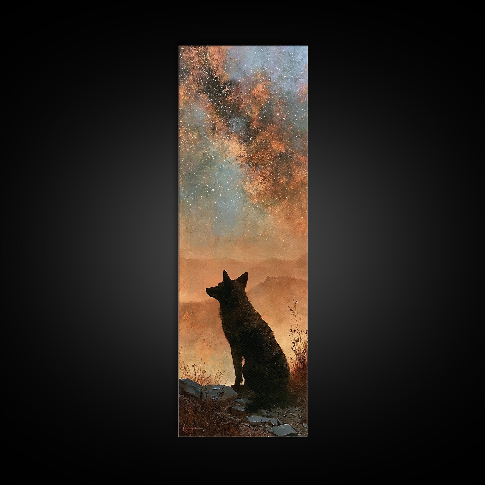 Coyote Silhouette Beneath Starry Sky Canvas Print, Southwestern Art, Art Print, Southwestern Decor, Watercolor Art, Mesa, SOU-1x3-99