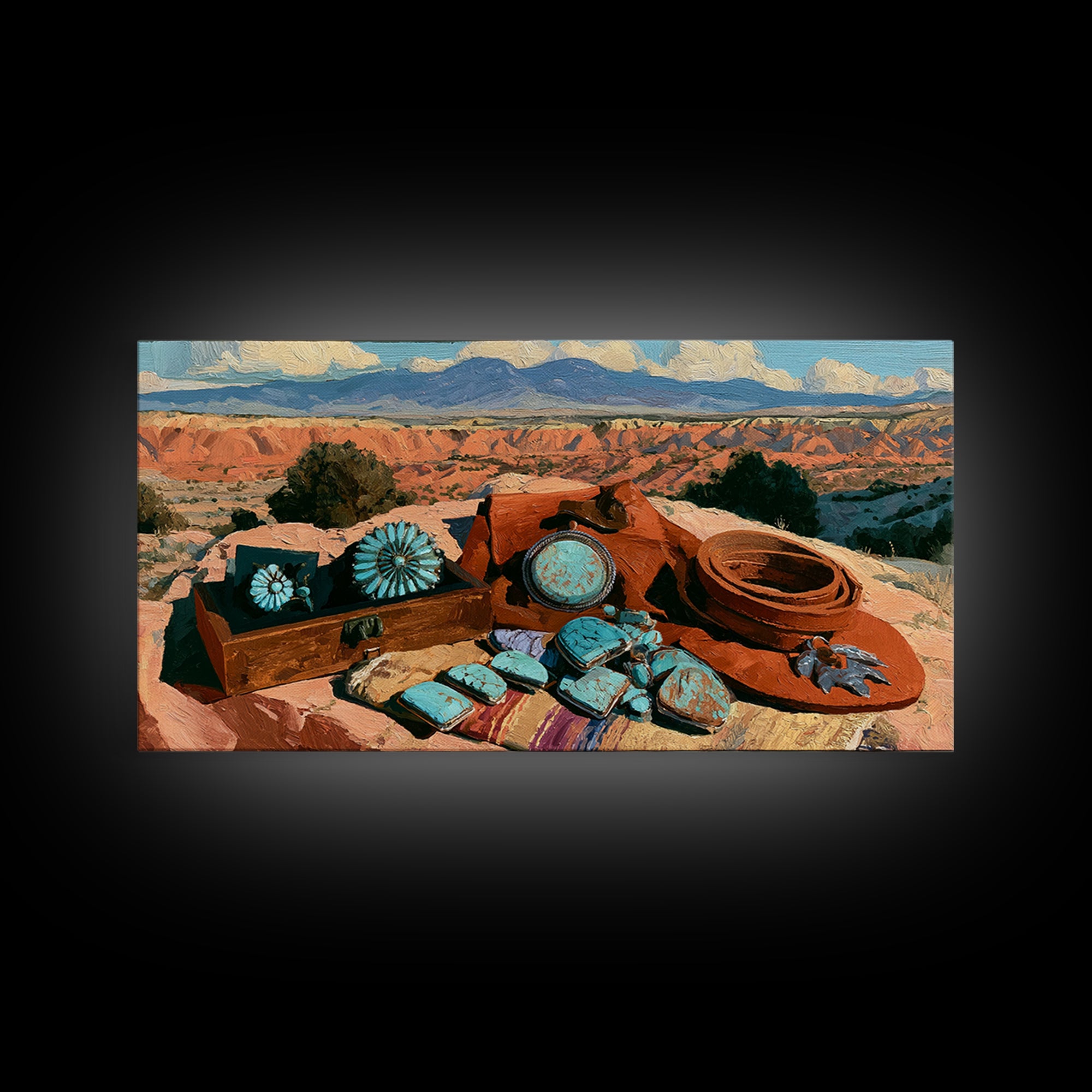 Turquoise Jewelry and Leather Still Life Canvas Print, Southwestern Art, Prints Wall Art, Southwestern Decor, Fine Art, Mesa, SOU-2x1-31