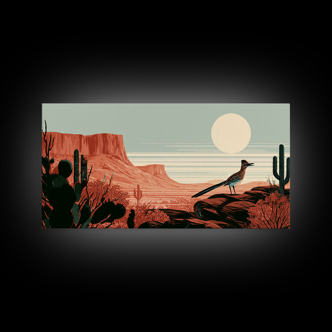 Roadrunner under a Pale Desert Moon Canvas Print, Southwestern Art, Luxury Decor, Southwestern Decor, Oil Painting, Mesa, SOU-2x1-4