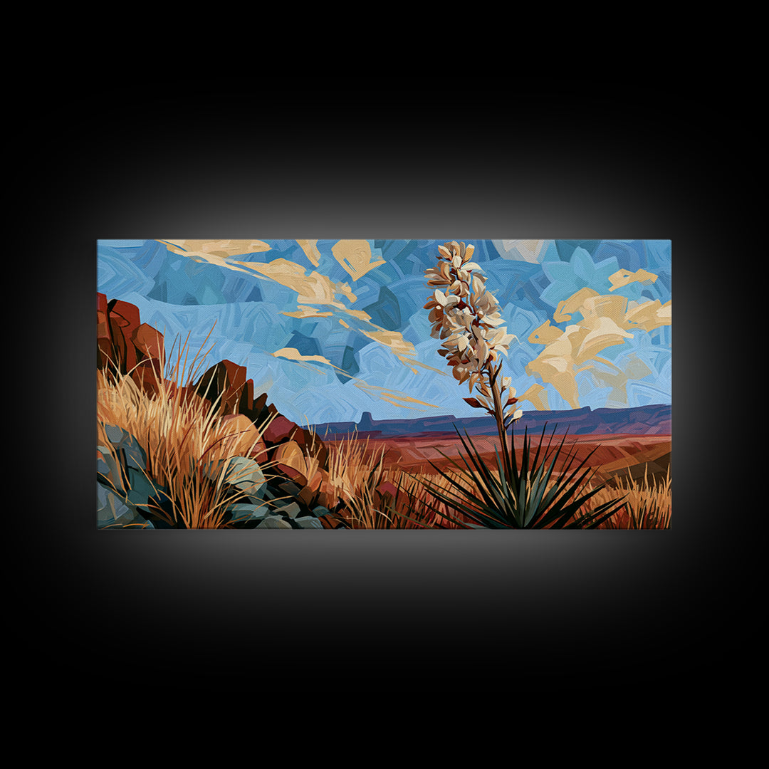 Yucca Blooms Against Clear Blue Sky Framed Canvas Print, Southwestern Art, Art, Southwestern Decor, Mesa, Boho Wall Decor, SOU-2x1-40