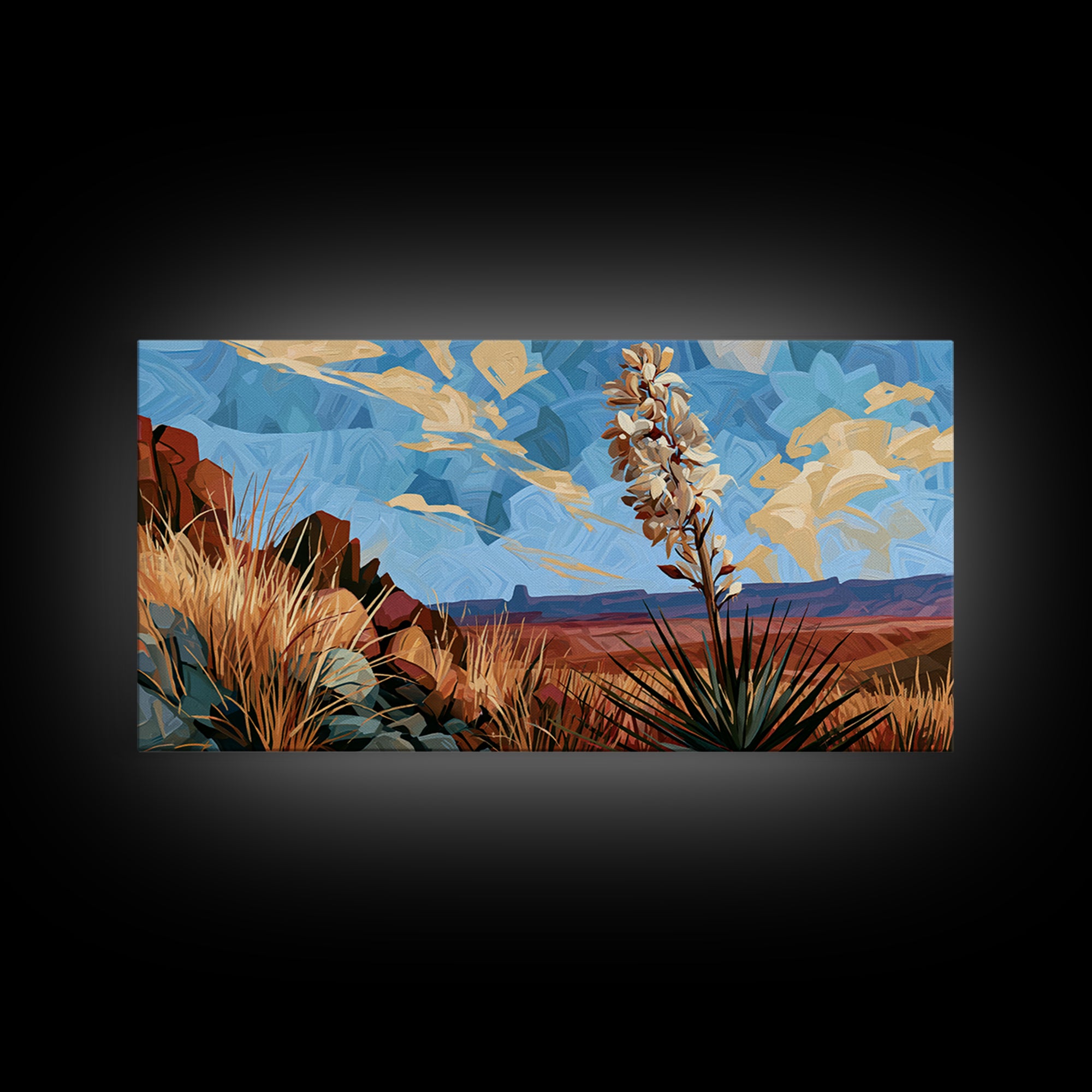 Yucca Blooms Against Clear Blue Sky Framed Canvas Print, Southwestern Art, Art, Southwestern Decor, Mesa, Boho Wall Decor, SOU-2x1-40