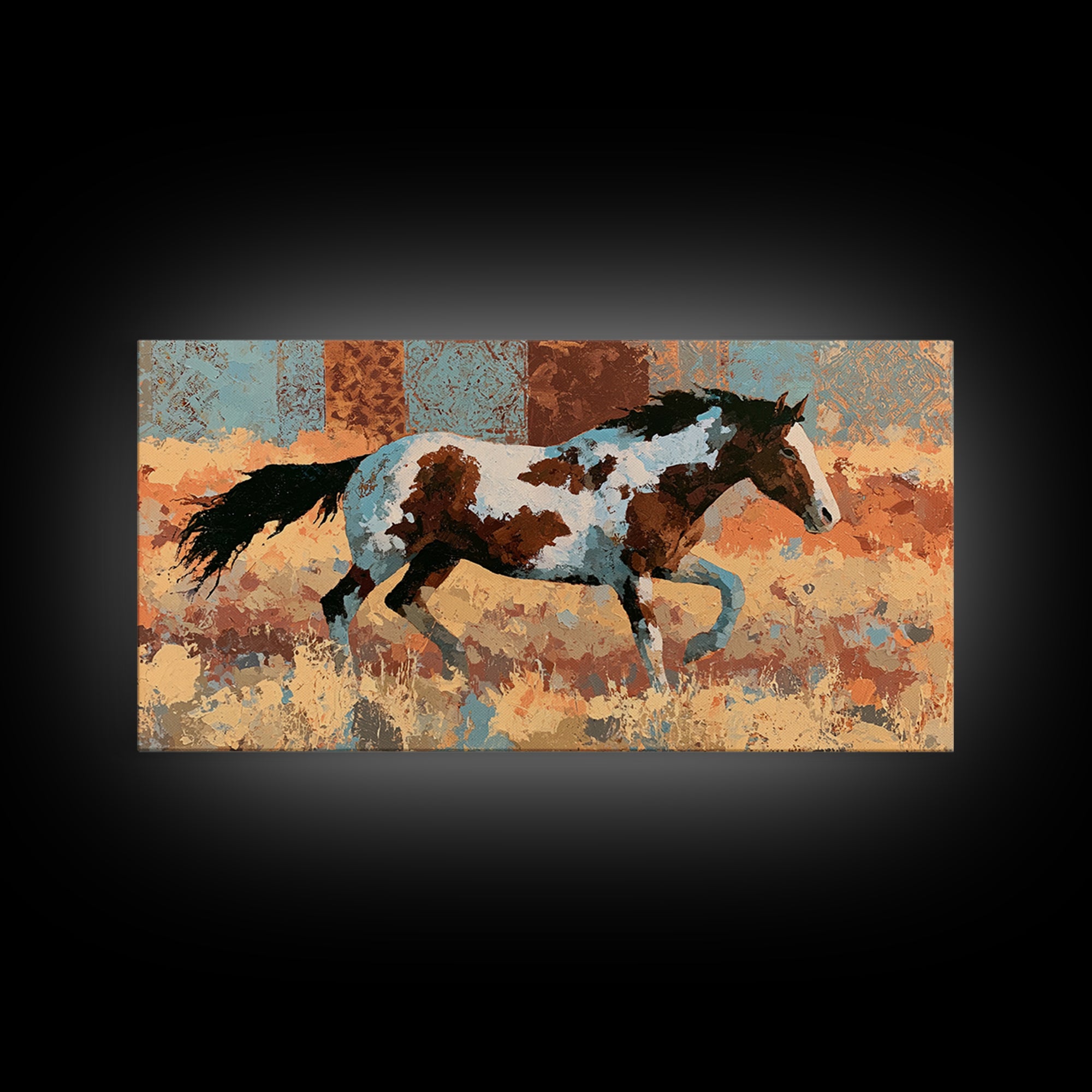 Wild Mustang Running Through Dusty Canyon Framed Canvas Print, Southwestern Art, Southwestern Decor, Oil Painting, Mesa, SOU-2x1-50