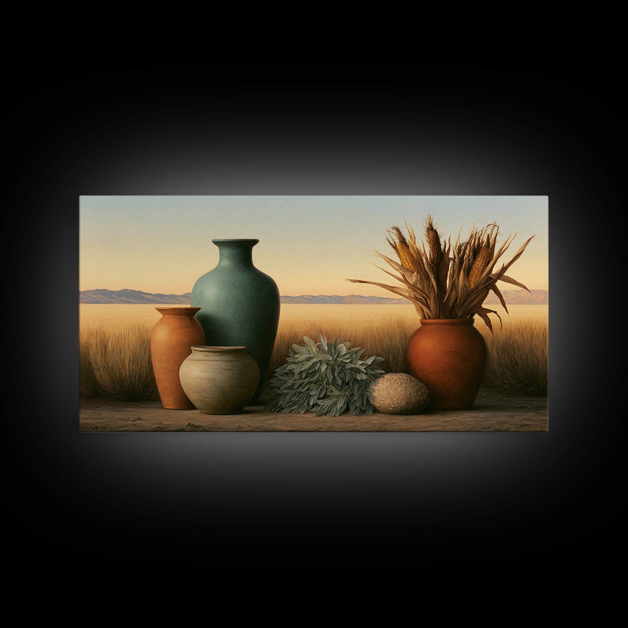 Pueblo Pottery Still Life Framed Canvas Print, Southwestern Art, Gallery Decor, Southwestern Decor, Fine Art, Mesa, Wall Art, SOU-2x1-67